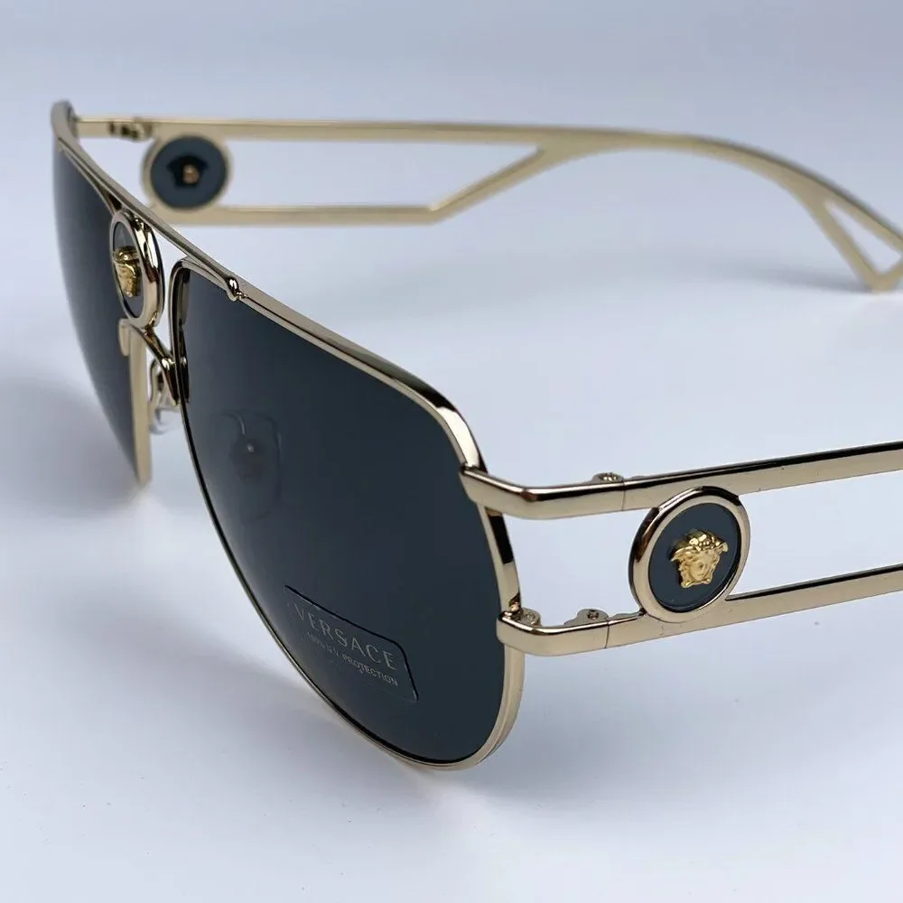 NEW Versace VE2225 MEDUSA PILOT 100287 Gold Gray Aviator Metal Unisex Sunglasses